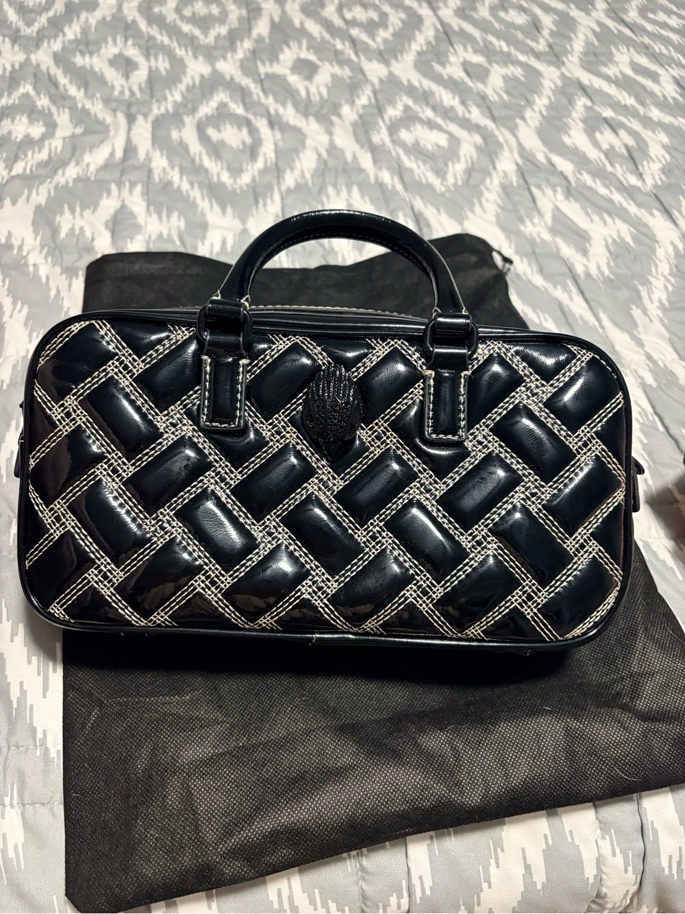 Kurt Geiger Black Quilted Patent Leather Briefcase with White Stitching